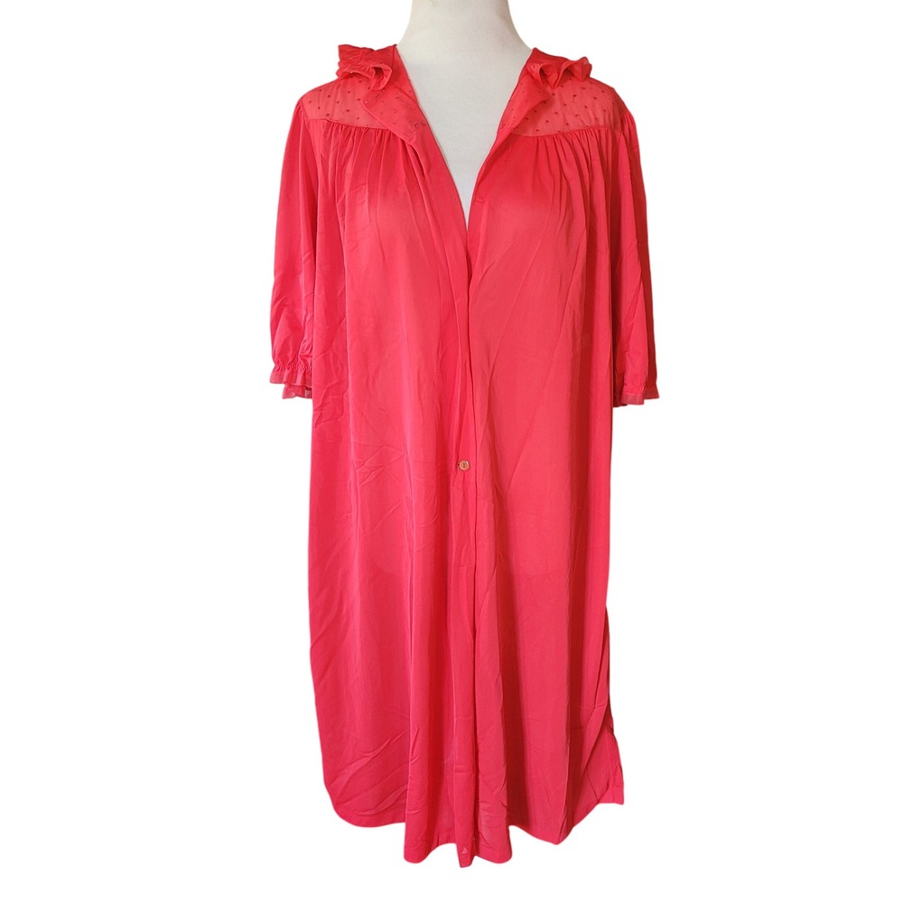 Vintage Lorraine Red Robe Swiss Dot Ruffle Trim Quality Lingerie Medium Nylon